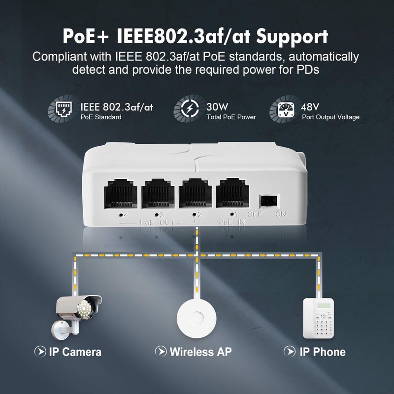Binardat PoE Passthrough Switch, 1 PoE in 3 PoE Out Extender, IEEE802.3af/at PoE Powered, 100Mbps Ethernet, din-Rail & Wall Mount - Image 3